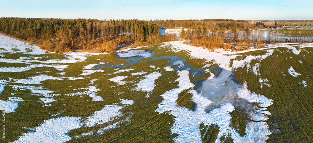 Season change. March rural landscape. Winter crops and plowed field panorama.