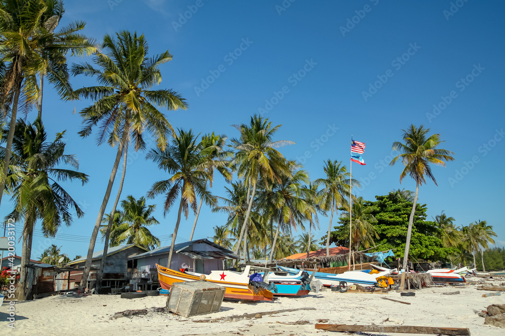 Boats on the seashore near the village among coconut trees on a blue sky background