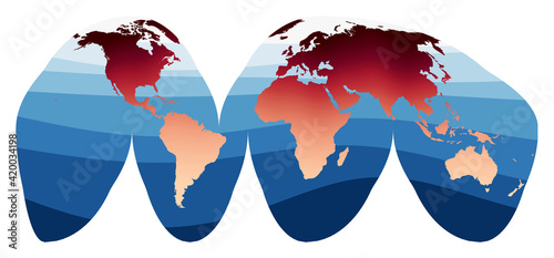 World Map Vector. Goode's interrupted homolosine projection. World in red-orange gradient on deep blue ocean waves. Captivating vector illustration.