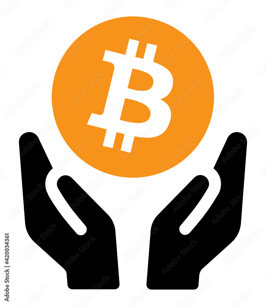 Hold bitcoin in hands. Digital gold crypto currency vector icon Hold bitcoin in hands. Digital gold crypto currency vector icon