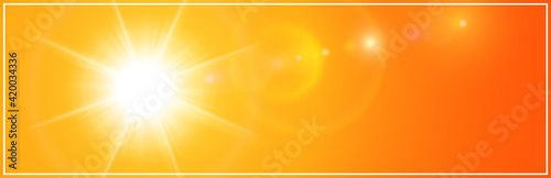 Sun with lens flare on orange background, shiny and sunny natural summer or spring background.