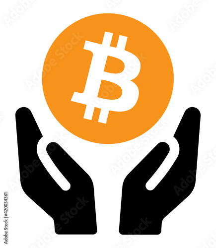 Hold bitcoin in hands. Digital gold crypto currency vector icon