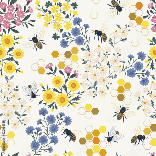 Meadow wildflower honeybee vector seamless pattern. Bee flower honeycombs decorative ornament illustration. Wild apis in floral bloom graphic print design