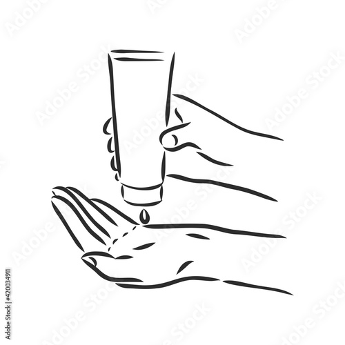 hands using hand sanitizer gel pump dispenser or alcohol to protect Covid-19 virus or coronavirus vector illustration sketch doodle hand drawn isolated on white background