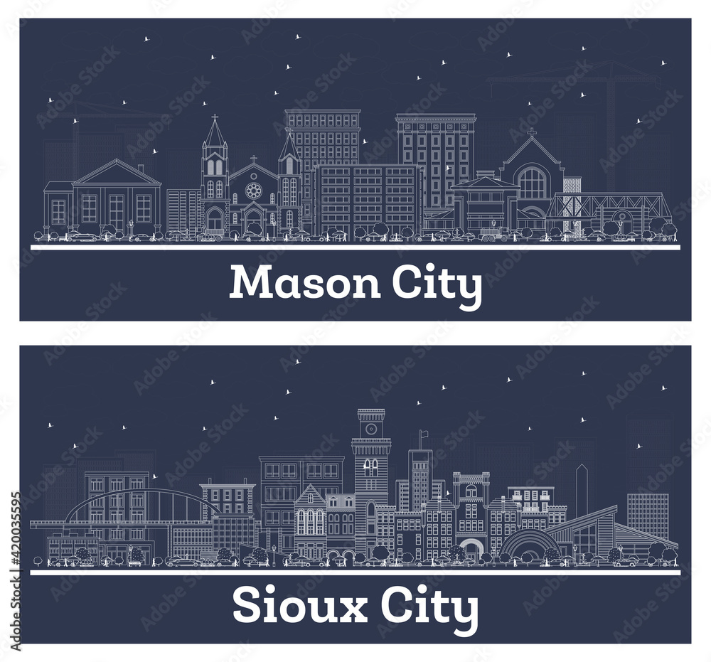 Outline Sioux City and Mason City Iowa Skyline Set.