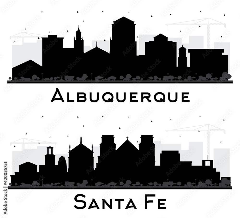 Santa Fe and Albuquerque New Mexico City Skyline Silhouette Set.
