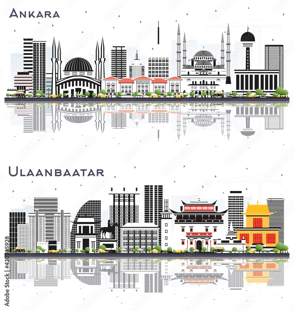 Ulaanbaatar Mongolia and Ankara Turkey City Skyline Set.