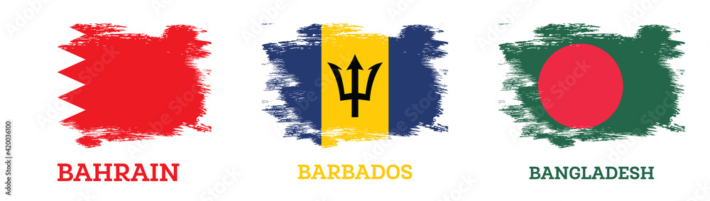Barbados, Bangladesh and Bahrain Flag Set with Brush Strokes.