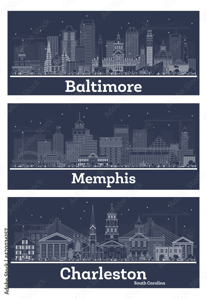 Outline Memphis Tennessee, Charleston South Carolina and Baltimore Maryland City Skyline Set.