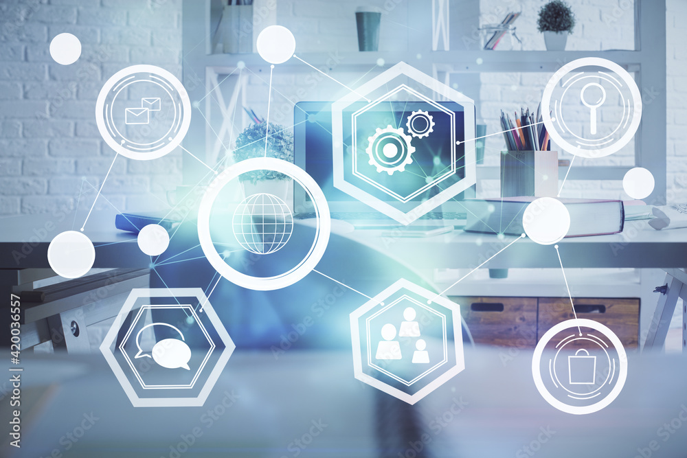 Double exposure of social network theme drawing and office interior background. Concept of web. Double exposure of social network theme drawing and office interior background. Concept of web.