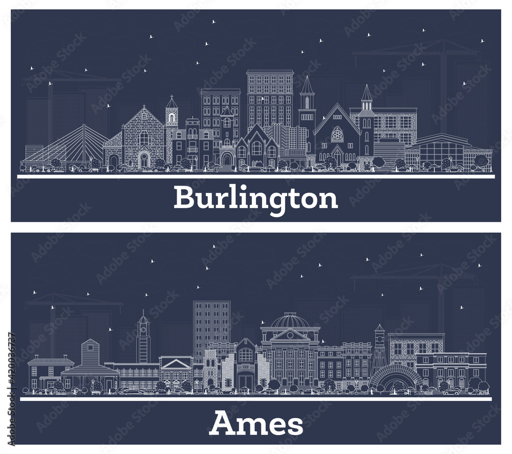 Outline Ames and Burlington Iowa Skyline Set.