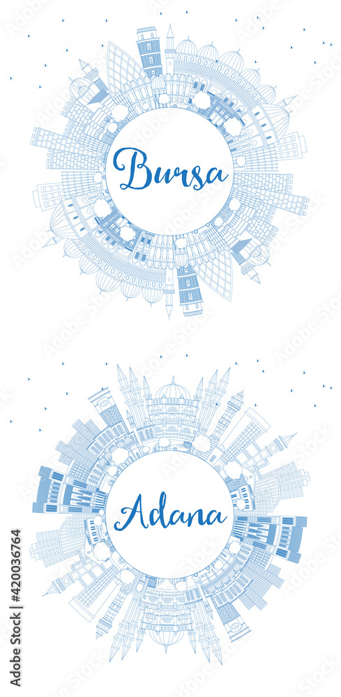 Outline Adana and Bursa Turkey City Skyline Set. Outline Adana and Bursa Turkey City Skyline Set.