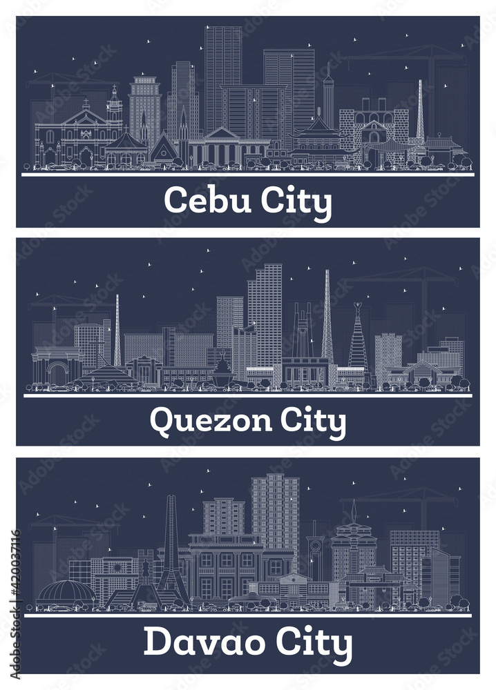Outline Quezon, Davao, Cebu City Philippines Skyline Set.