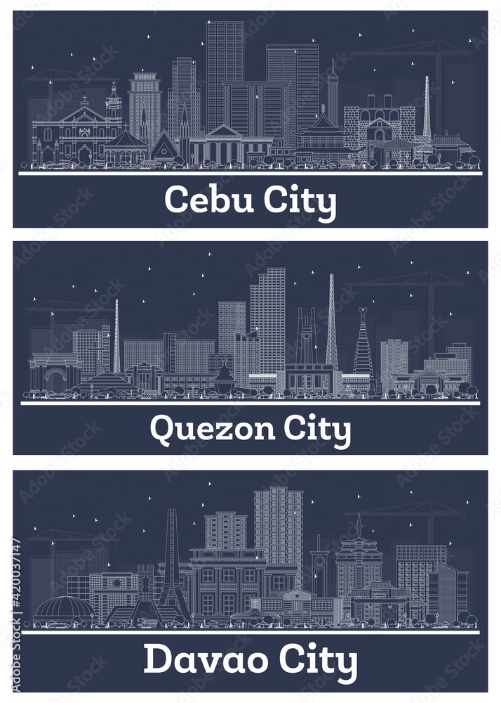 Outline Quezon, Davao and Cebu City Philippines City Skyline Set.