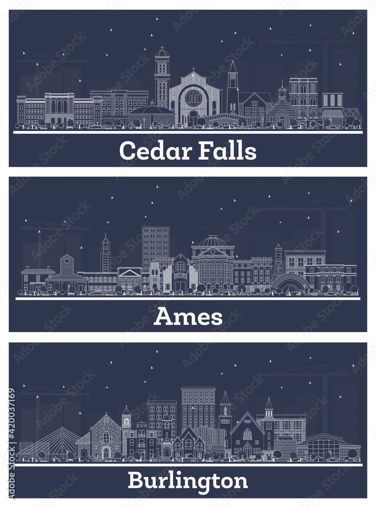 Outline Ames, Burlington and Cedar Falls Iowa USA Skyline Set.