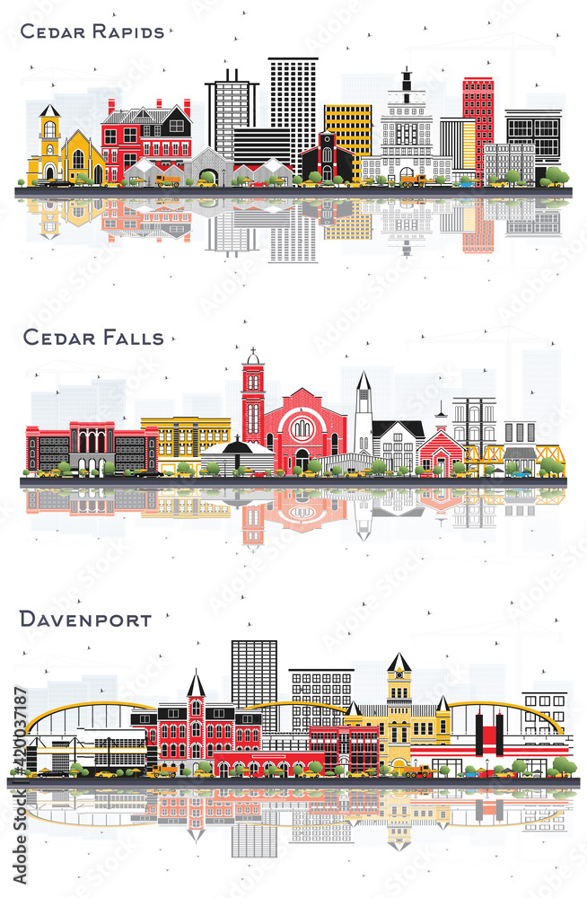 Cedar Falls, Davenport and Cedar Rapids Iowa Skyline Set.