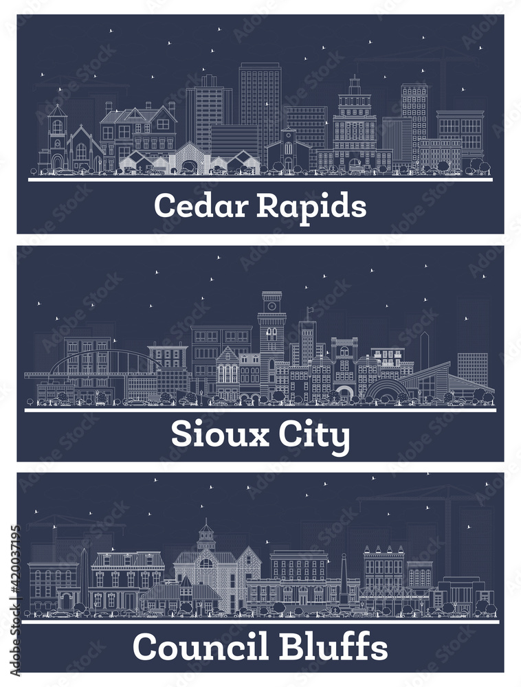 Outline Sioux City, Council Bluffs and Cedar Rapids Iowa USA Skyline Set.