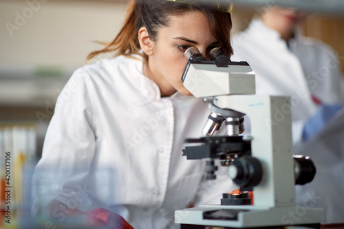 A young female student using a microscope in a laboratory. Science, chemistry, lab, people