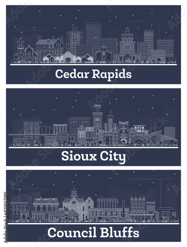 Outline Sioux City, Council Bluffs and Cedar Rapids Iowa USA Skyline Set. photo