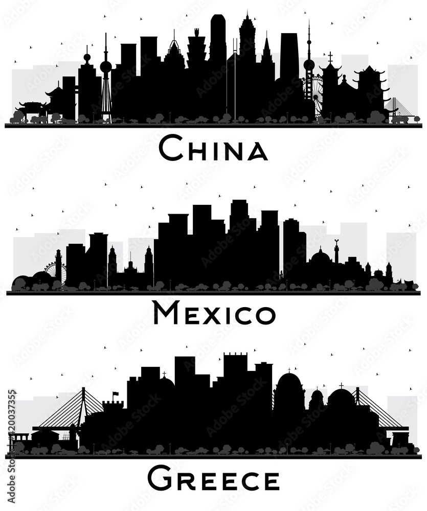 Greece, Mexico and China City Skyline Silhouette Set.