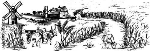Rural landscape field wheat, Bullock, Tractor, Cow, wind power, house, trees, plant, fences, Tuscany Landscape, old Barn, Hand drawn vintage vector Illustration.