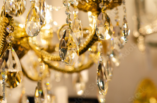 Close-up of crystal on the chandelier.