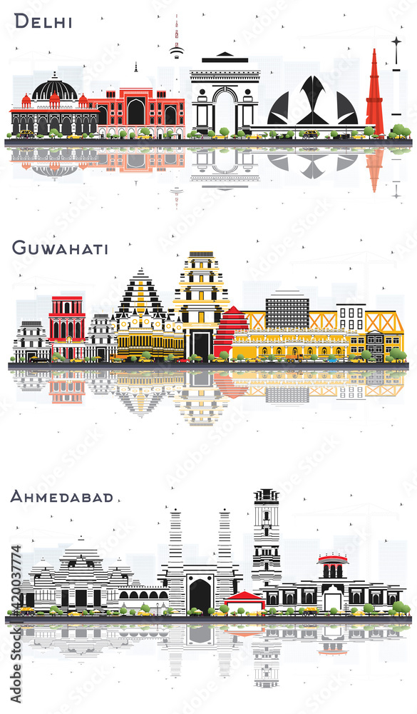 Guwahati, Ahmedabad and Delhi India City Skyline Set.