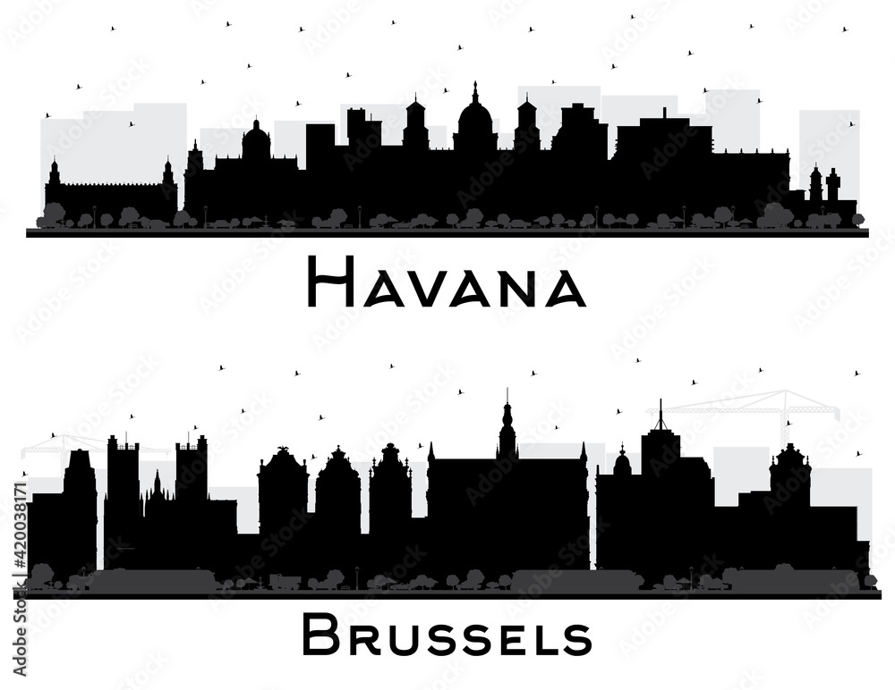 Obraz premium Brussels Belgium and Havana Cuba City Skyline Silhouette Set.