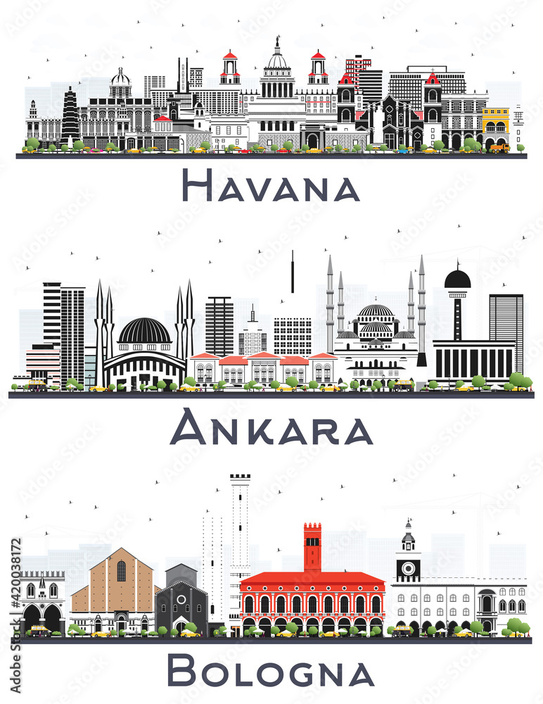 Ankara Turkey, Bologna Italy and Havana Cuba City Skyline Set.