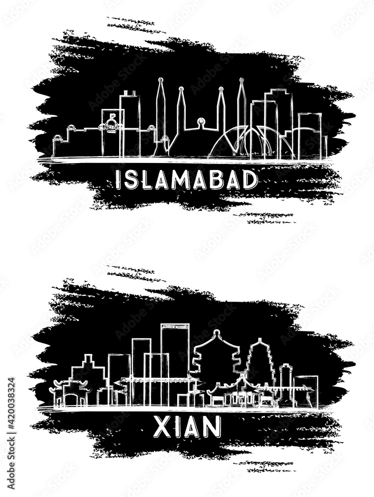 Xian China and Islamabad Pakistan City Skyline Silhouette Set.