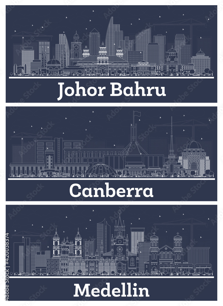 Outline Canberra Australia, Medellin Colombia and Johor Bahru Malaysia City Skyline Set.