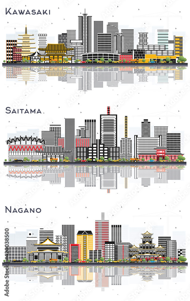 Saitama, Nagano and Kawasaki Japan City Skyline Set.