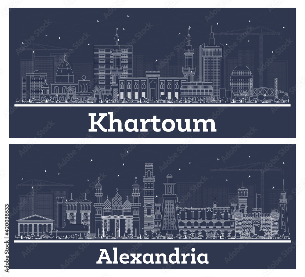 Outline Alexandria Egypt and Khartoum Sudan City Skyline Set.