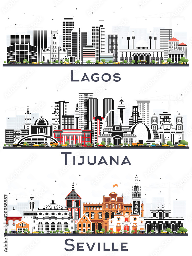 Tijuana Mexico, Seville Spain and Lagos Nigeria City Skyline Set.