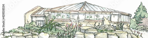 Watercolor sketch illustration of botanical garden landscape isolated on white background. Hand drawn greenhouse for print, postcards, t-shirts, decoration.