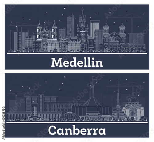 Outline Canberra Australia and Medellin Colombia City Skyline Set.