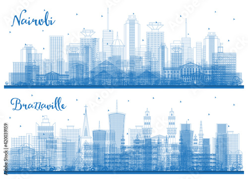Outline Nairobi Kenya City Skyline with Blue Buildings.