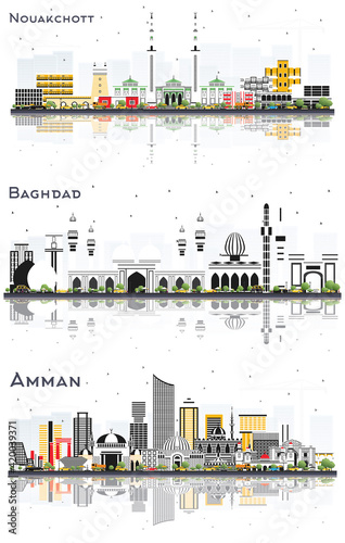 Amman Jordan, Baghdad Iraq, Nouakchott Mauritania Skyline Set.