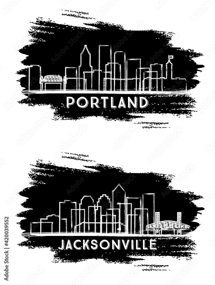 Jacksonville Florida and Portland Oregon City Skyline Silhouette Set.