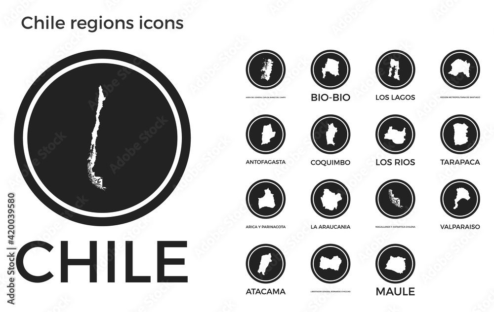 Chile regions icons. Black round logos with country regions maps and titles. Vector illustration. Chile regions icons. Black round logos with country regions maps and titles. Vector illustration.