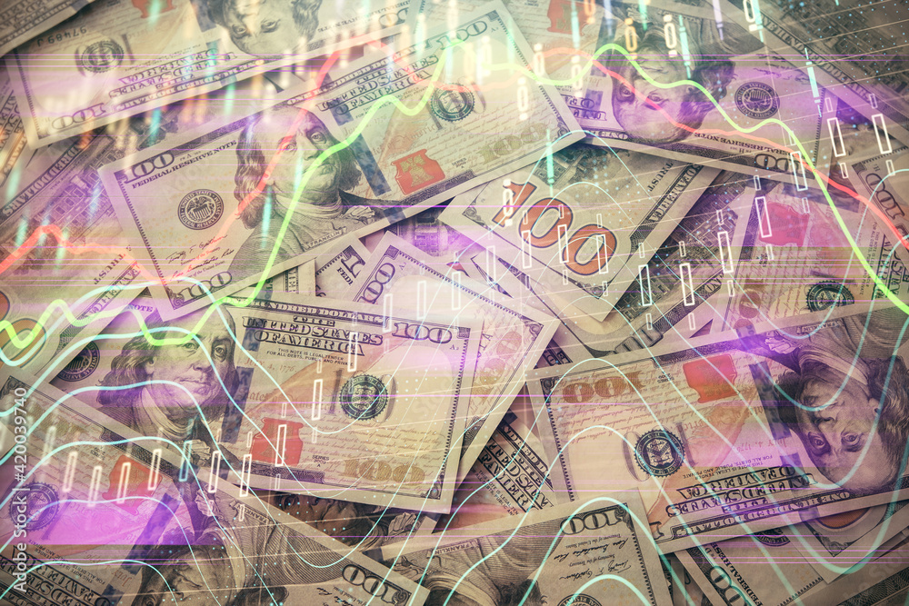 Multi exposure of forex chart drawing over us dollars bill background. Concept of financial success markets.