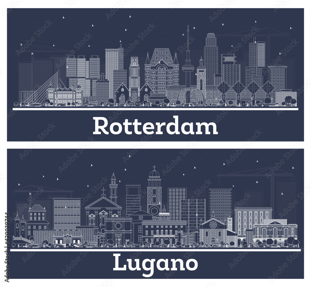 Outline Lugano Switzerland and Rotterdam Netherlands City Skyline Set.