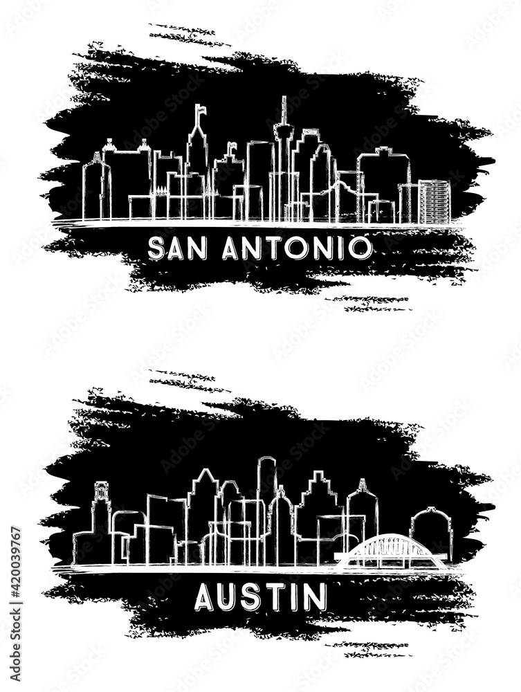 Austin and San Antonio Texas City Skyline Silhouette Set.