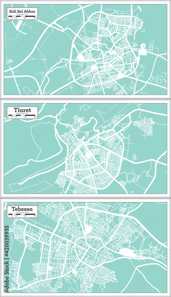 Tiaret, Tebessa and Sidi Bel Abbes Algeria City Map Set.