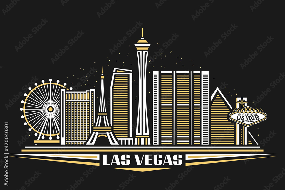 Vector illustration of Las Vegas, horizontal poster with simple design buildings and outline landmarks, urban concept with modern city scape and decorative font for words las vegas on dark background. - obrazy, fototapety, plakaty 