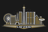Vector illustration of Las Vegas, horizontal poster with simple design buildings and outline landmarks, urban concept with modern city scape and decorative font for words las vegas on dark background.