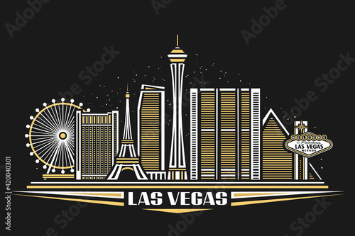 Canvas Print Vector illustration of Las Vegas, horizontal poster with simple design buildings and outline landmarks, urban concept with modern city scape and decorative font for words las vegas on dark background