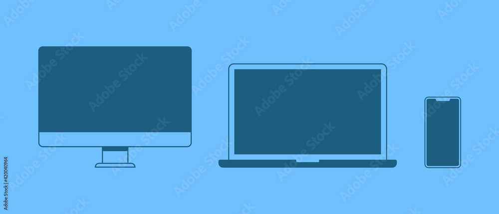 Awesome flat design template with blue device on blue background. Phone, laptop, desktop PC icon vector Awesome flat design template with blue device on blue background. Phone, laptop, desktop PC icon vector