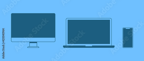 Awesome flat design template with blue device on blue background. Phone, laptop, desktop PC icon vector