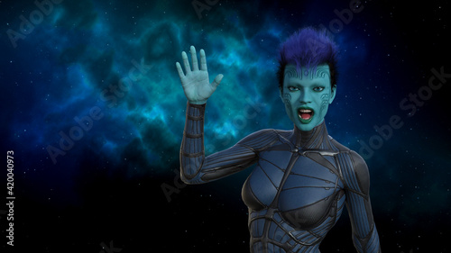 Illustration of a blue skin alien with facial carving wearing a tight fitting suit waving with a gaseous nebula in the background.